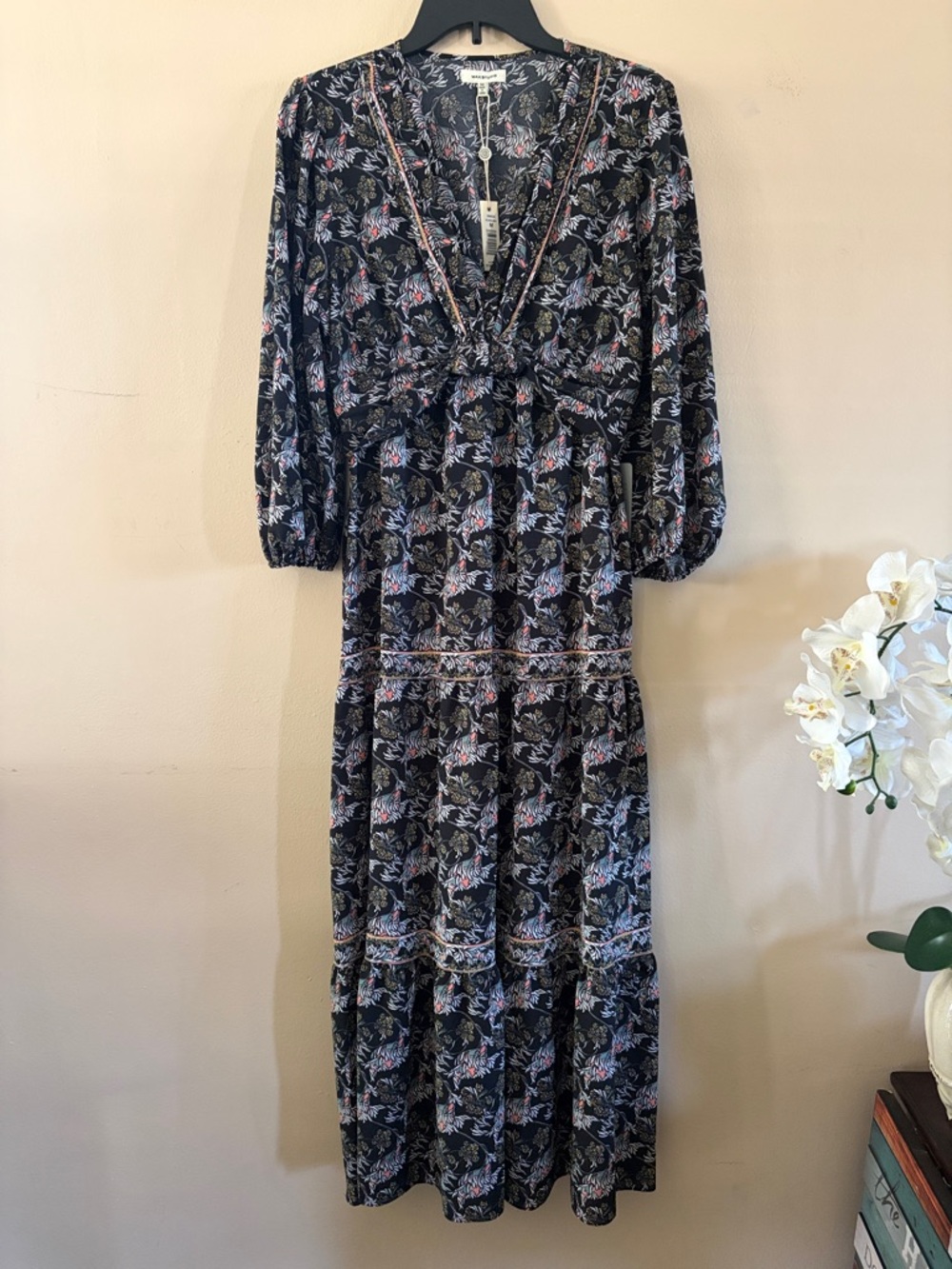Max Studio Black Floral V‑Neck Maxi Dress